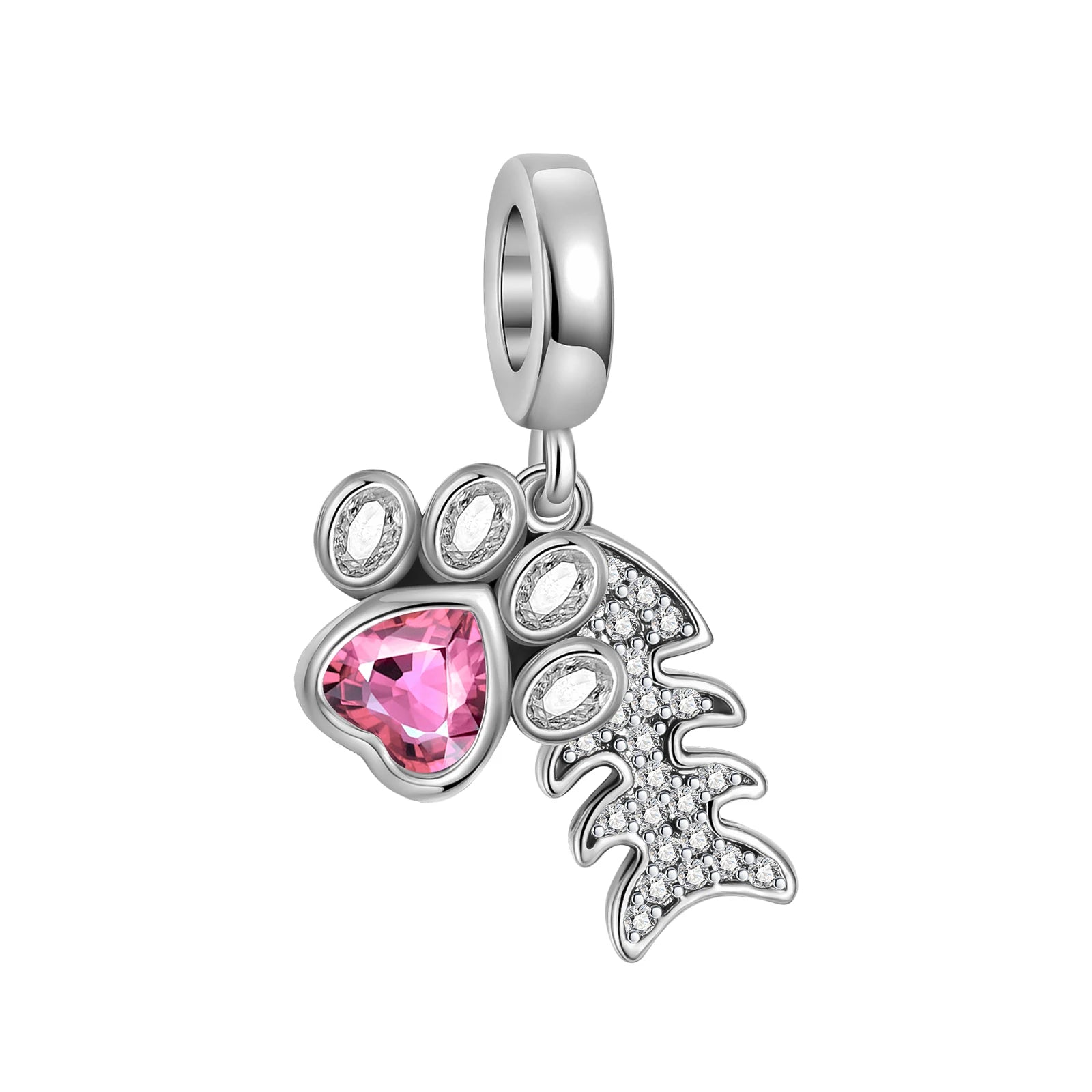 925 Sterling Silver Cat's paw Pink Cat Fish bone Charm Fit Original Pandora Charms Bracelets Women DIY Jewelry Gift