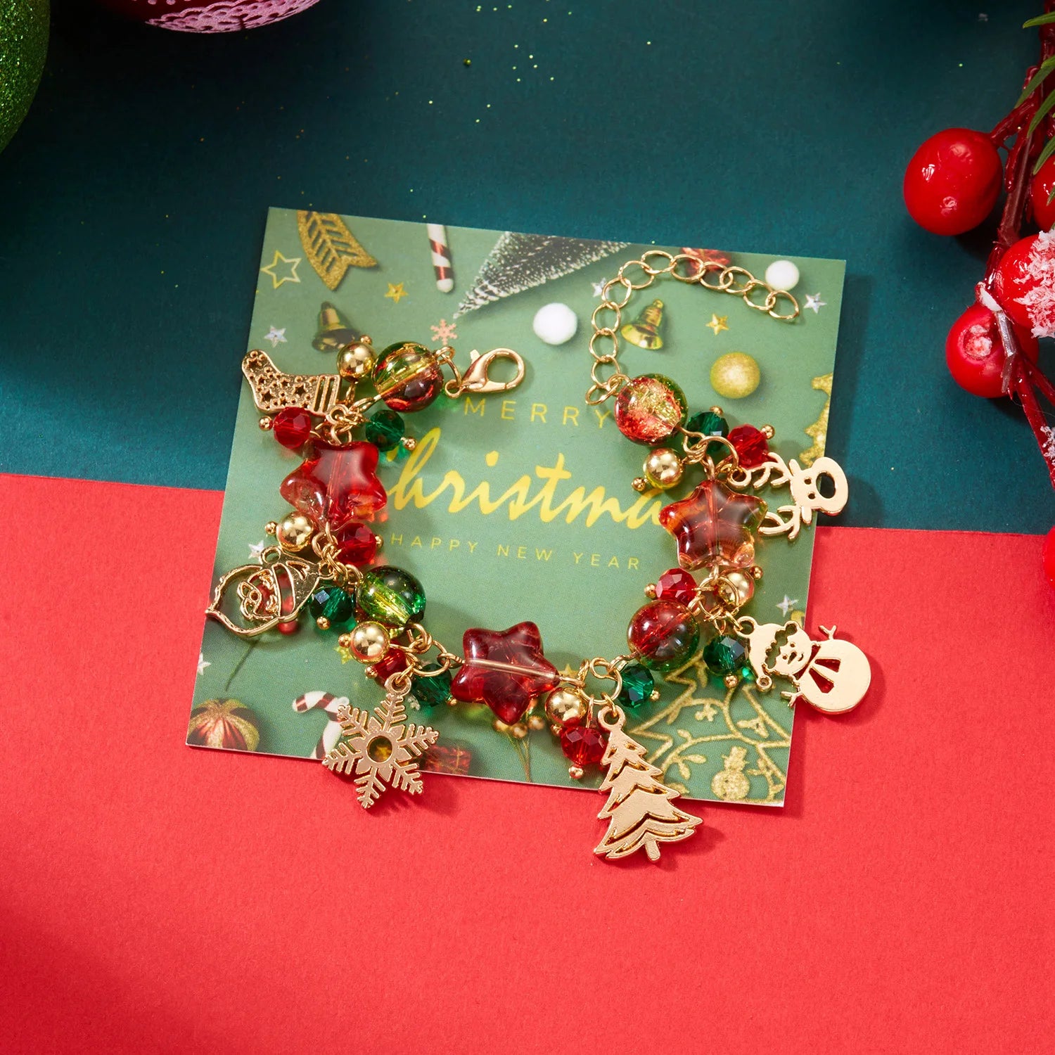Christmas Colorful Crystal Beads Multi Element Pendant Bracelets for Women Santa Claus Snowflake Tree Elk Bracelet Party Jewelry