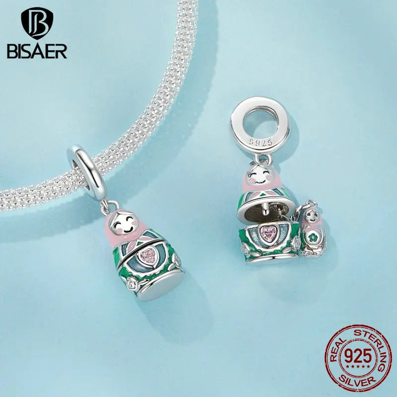 BISAER 925 Sterling Silber Matrjoschka Puppe Anhänger Bunter Emaille-Prozess Charm für Frauen DIY Armband & Halskette Edlen Schmuck