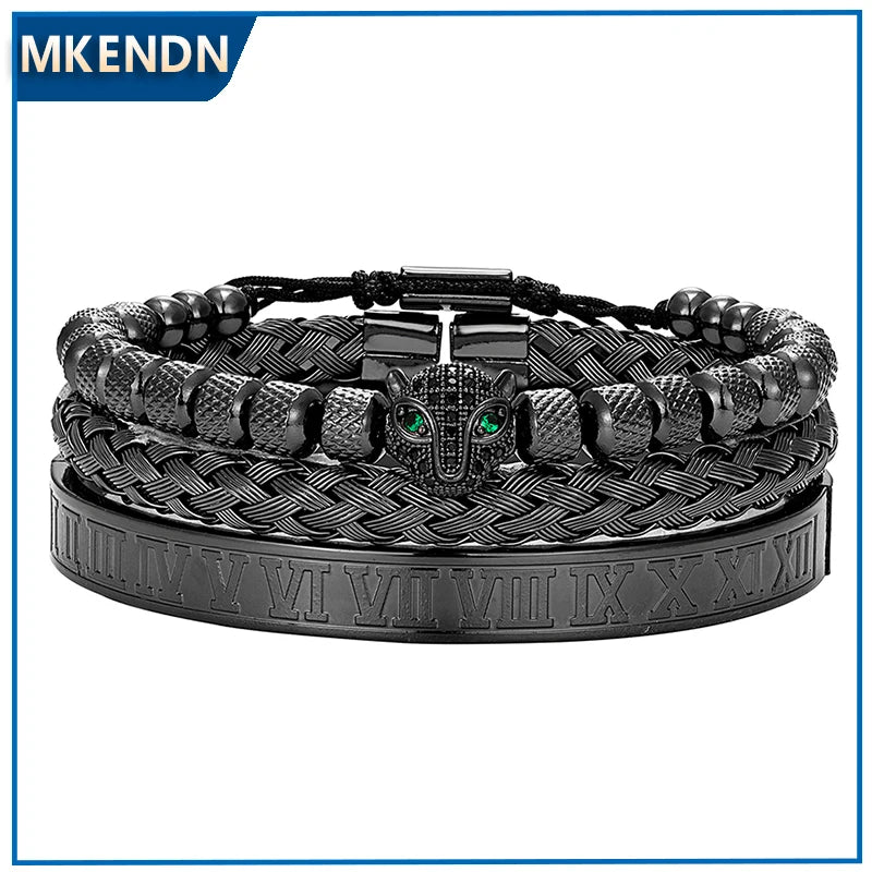3 teile/satz Klassische Handgemachte Flechten Armband Hip Hop Männer Pflastern CZ Leopard Kopf Römischen Ziffer Armband Edelstahl Schmuck