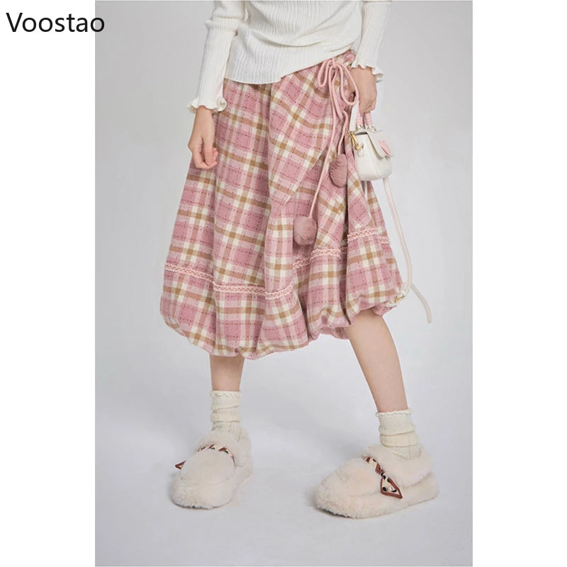 Pink Plaid Vintage Skirt Autumn Winter Women Preppy Style Chic Plush Ball Elegant Midi Skirt Korean Female Y2k A-Line Skirts