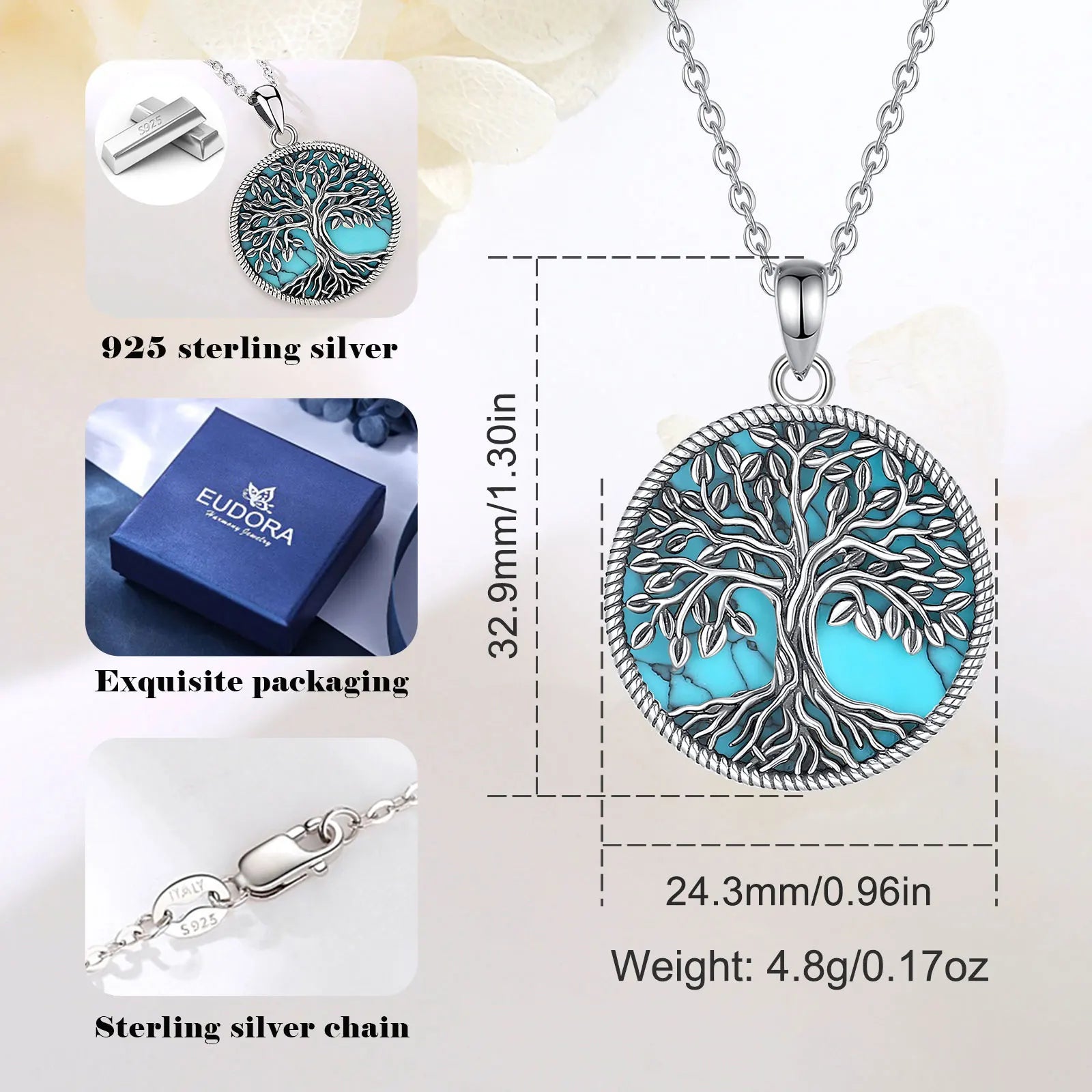 Eudora 925 Sterling Silver Tree of Life Necklace Yggdrasil Turquoise Pendant Silver Tree Jewelry Gift for Mom Grandma Women