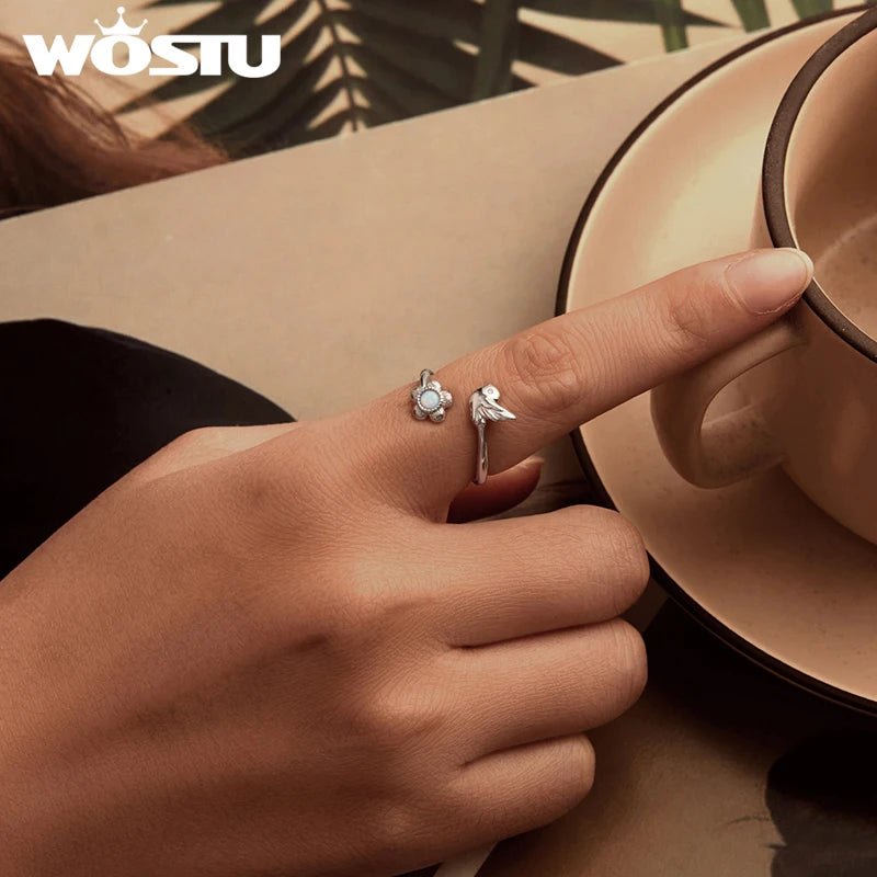 WOSTU 925 Sterling Silver Opal Gems Flower & Bird Open Ring al Flowers Stud Earrings For Women Party Jewelry Set Mom's Family Gi