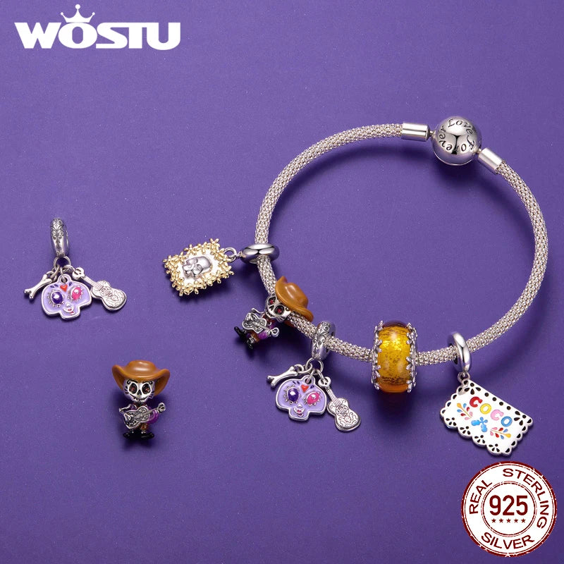 WOSTU Mexican Day of the Dead Collection 925 sterling Silver Skull Flag Pendant Punk Murano Bead Jewelry Mexican Family DIY Gift
