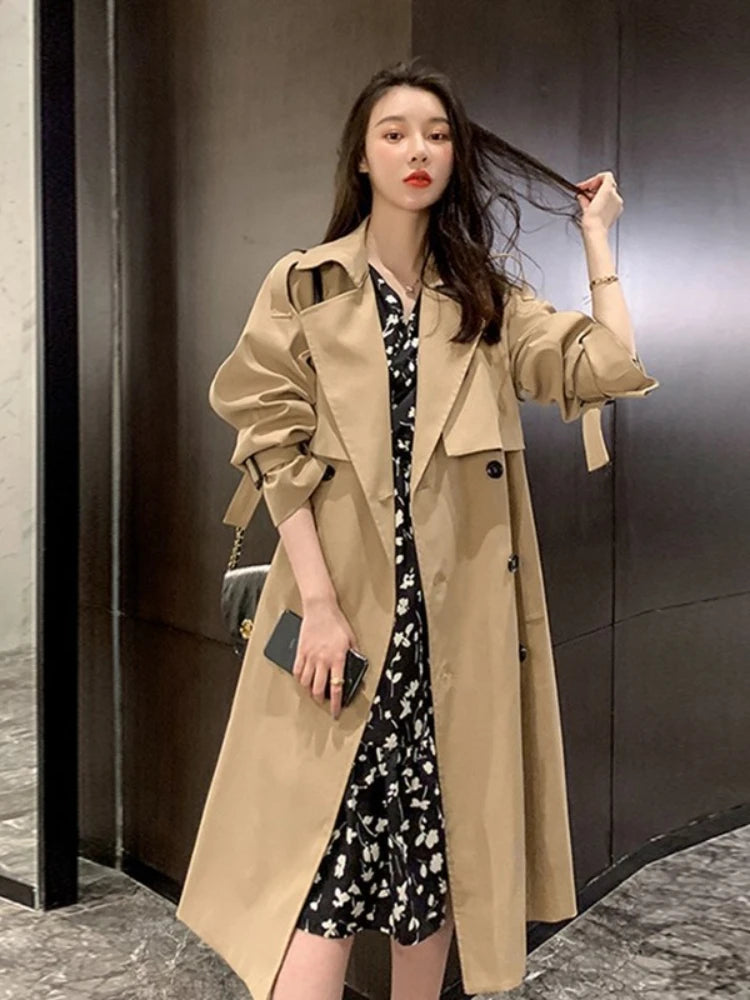 Lapel Women Trench Coat Topcoat Double-breasted Casual Coat Pure Color Autumn Winter Overgarment Waistband Windbreak Jacket