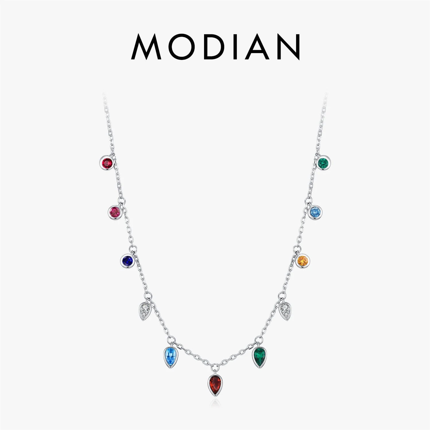 MODIAN 925 Sterling Silver Colorful Round CZ Charm Stackable Choker Necklace Water Drop Pendant Necklace For Women Fine Jewelry