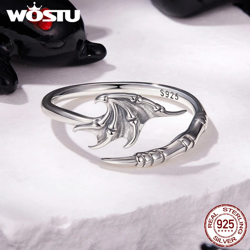 WOSTU 925 Sterling Silver Edgy Gothic Demon Wing & Claw Ring For Women , Retro s925 Silver Punk Adjustable Rings Halloween Gift