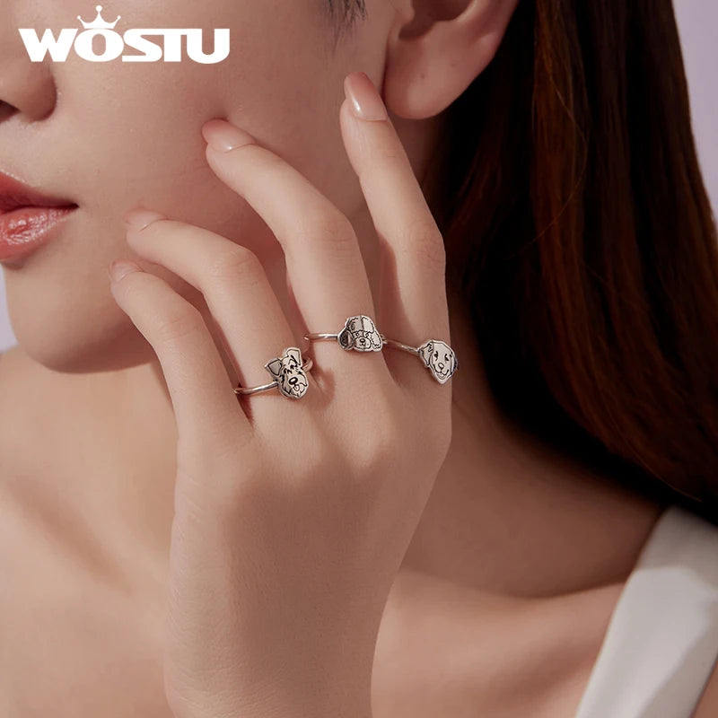 WOSTU Adjustable 925 Sterling Silver Dog Ring for Dog Lovers, Flat Cut Pet Animal Puppy Signet Stacking Rings Girl Jewelry Gift