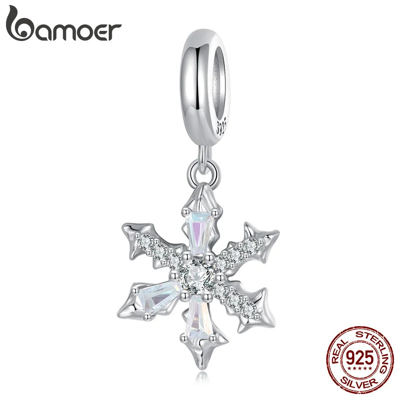 BAMOER Solid 925 Sterling Silver Snowflakes Pendant Bead fit Original Bracelet & Necklaces Jewelry DIY bamoer Charm Ice Flower