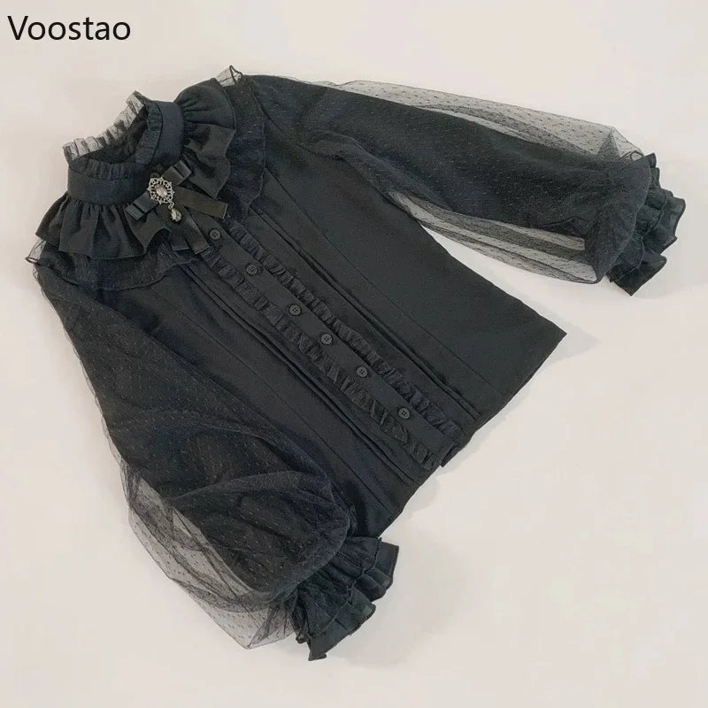 Gothic Y2k Shirts Women Vintage Lolita Style Lantern Sleeve Blouses Girls Victorian Sweet Mesh Ruffles Tops Punk Blusas Mujer