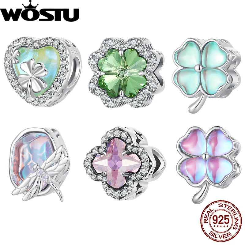 WOSTU 925 Sterling Silver Four-leaf Clover Charm Pink Green Glass Gentle Original Cross Faith Beads for Woman Fine Jewelry DIY