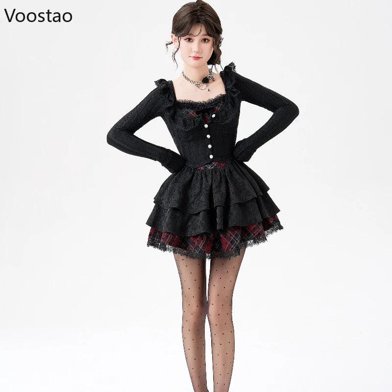 Y2k Aesthetic Elegant 2 Piece Set Women Lolita Style Knitted Cardigan Red Black Plaid Cake Dresses Suit Fashion Gothic Outfits