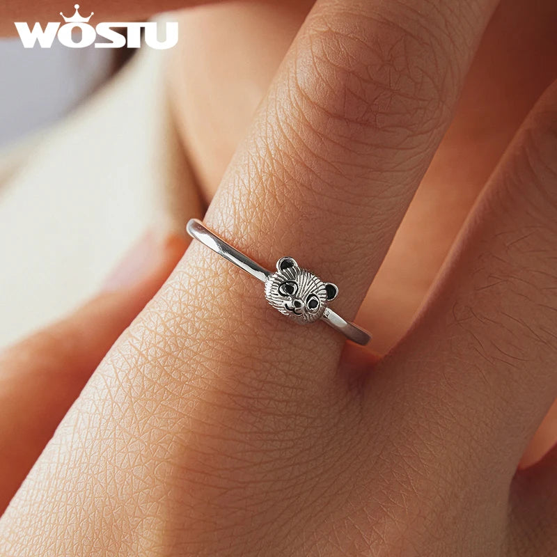 WOSTU 925 Sterling Silver Cute Panda Open Ring With Paw Print For Girl Daugther, Original Animal Stackable Rings Party Gift