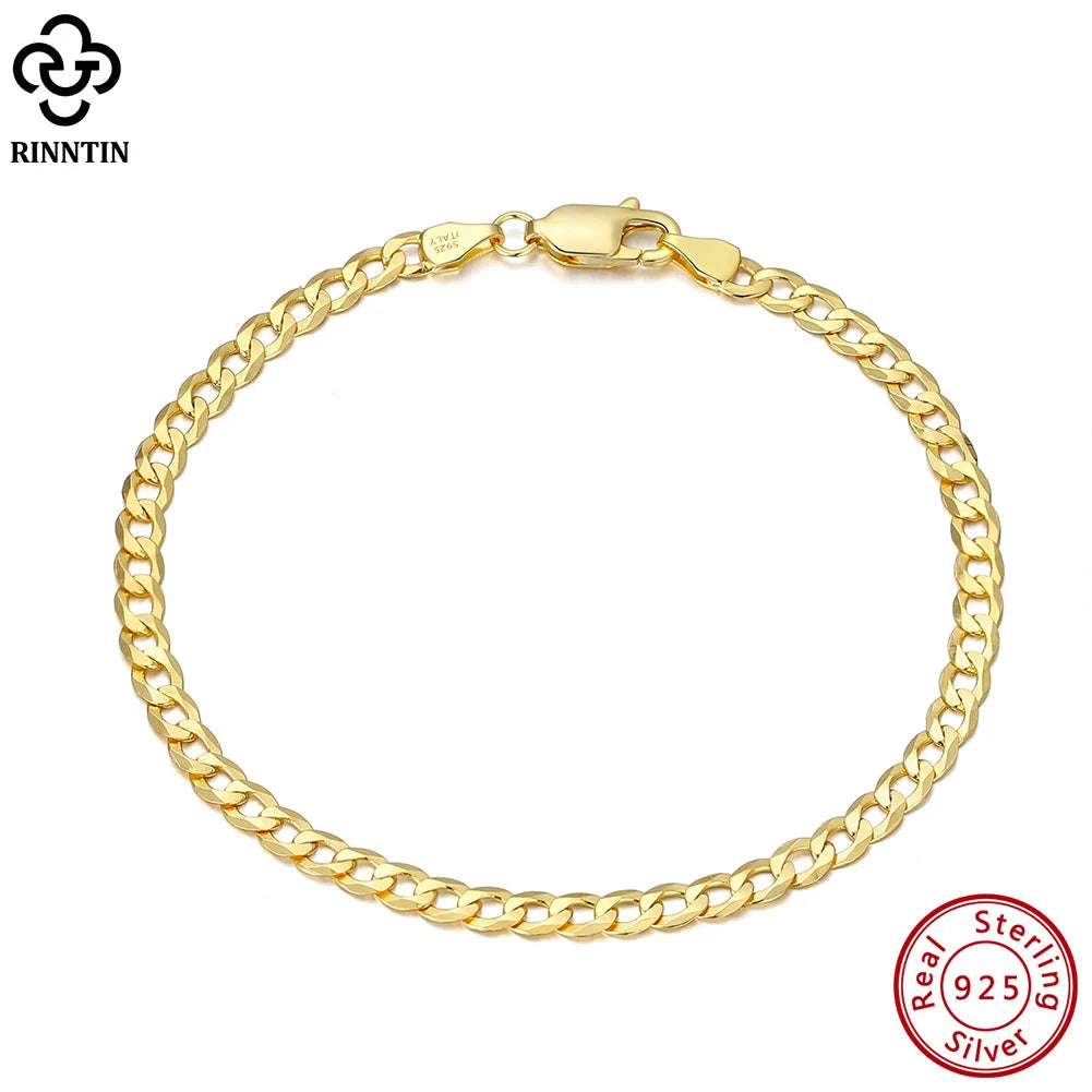 Rinntin 18K Gold Over 925 Sterling Silver 3mm Italian Cuban Chain Bracelet for Women Men Trendy Silver Bracelet Jewelry SB123 - Madeinsea©