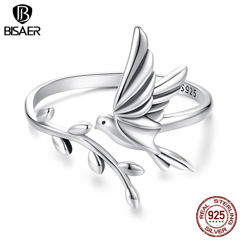 BISAER 925 Sterling Silber Eisvogel & Blätter Offener Ring Einstellbare Größe 5-9 Band für Frauen Party Edlen Schmuck ECR1085-E