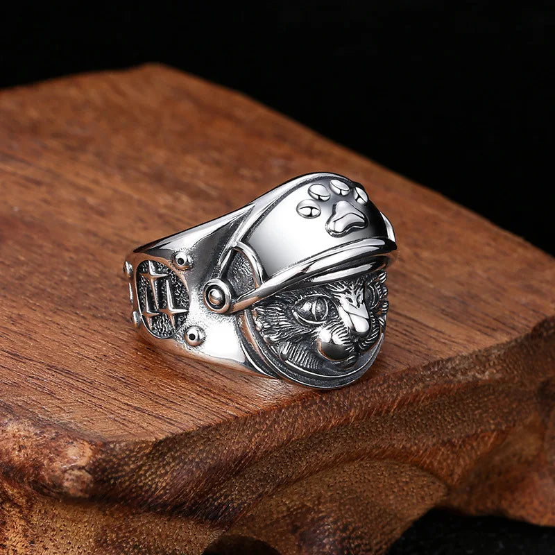 Retro Knight Cat Ring For Men Silver Color Punk Gothic Adjustable Open Ring Creative Jewelry Unisex Accessories Cute Kitten Gift