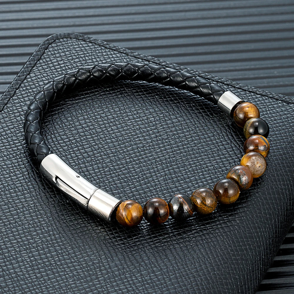 MKENDN Reiki Blue Apatite Bead Bracelet Men Women Braided Leather Natural Stone Blood Circulation Stimulate Enthusiasm Jewelry