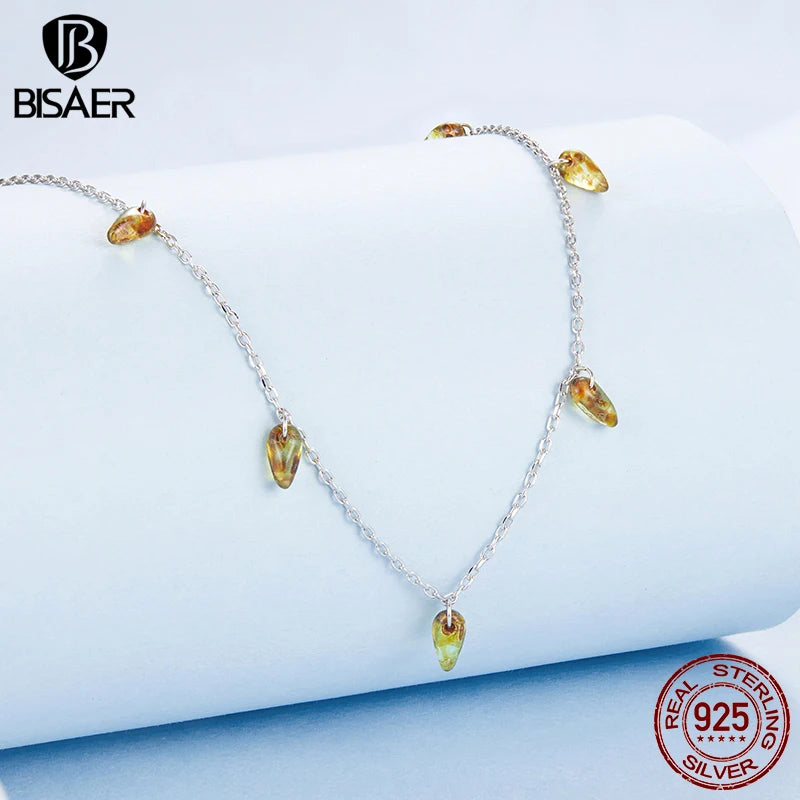 BISAER 100% 925 Sterling Silver Amber Tassel Necklace Pendant Chain Adjustable Plated White Gold Women Fine Jewelry EFN432