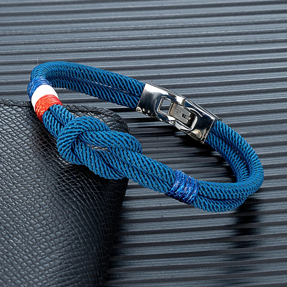 MKENDN France USA Flag Symbol Bracelet Men Double Layers Openable Buckle Nylon Cord Chain Braslet Nautical Braclet Accessories