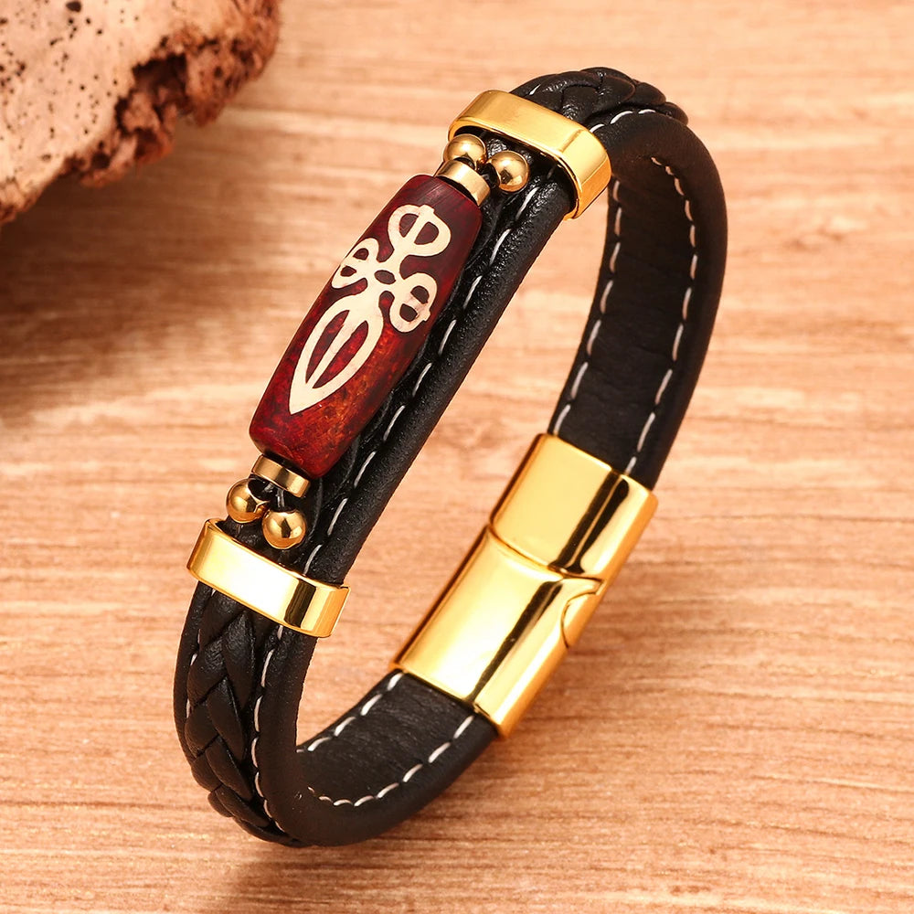 MKENDN Charm Men Bracelet Tibetan Buddhism Nine-Eyed Dzi Bead Leather Bracelet Homme Stainless Steel Accessories Lucky Bangle