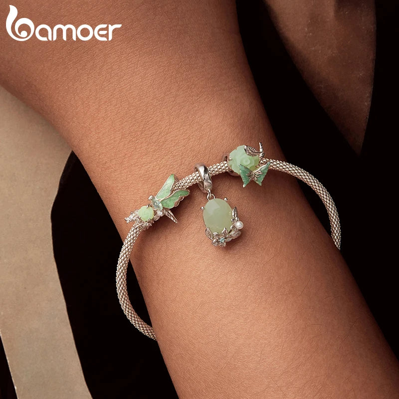 BAMOER Solid 925 Sterling Silver Green Impression Dragonfly Charm fit Original Bracelet DIY Jewelry Accessories bamoer Bead