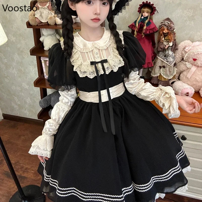 Elegant Kawaii Lolita Princess Dress Women Harajuku Sweet Bow Lace Ruffles Black Mini Dresses Japanese Gothic Y2k Party Dress