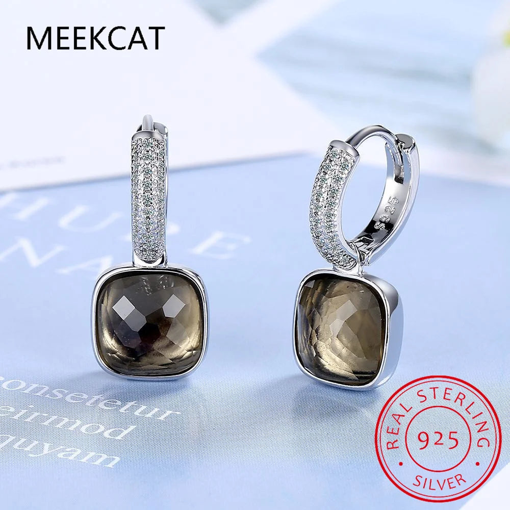 Large 7ct Genuine Smoky Quartz 925 Sterling Silver Dangle Drop Earrings for Women Statement Gemstone Earings - Madeinsea©