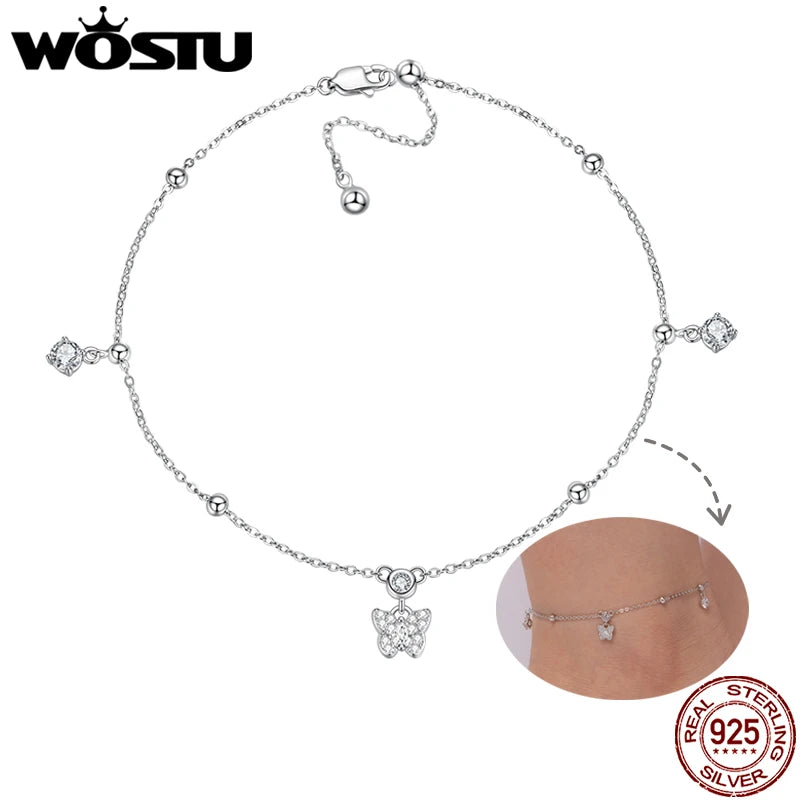 WOSTU 925 Sterling Silver Butterfly Tassels Anklet for Women Foot Links Boho Beach Summer Simple Foot Jewelry Anklet Bracelets