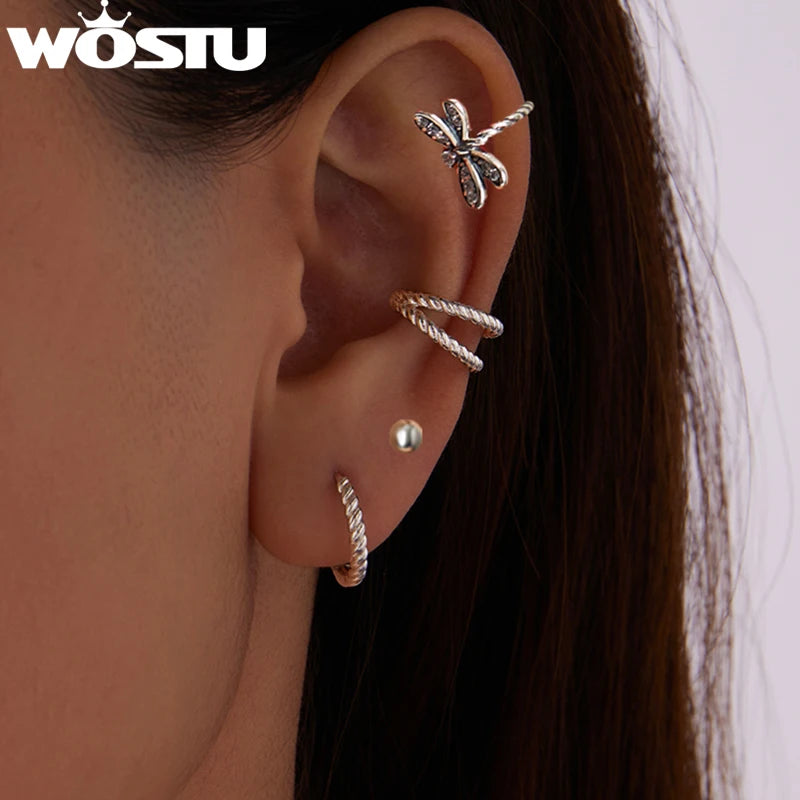 WOSTU Solid 925 Vintage Silver Stackable Twisted Ear Clip Huggies Earrings For Women, s925 Ball Studs Drogaonfly Ear Cuff Gift