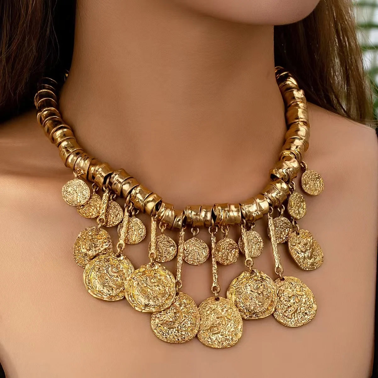 ZAA Retro Trendy Irregular Geometric Tassel Pendant Alloy Necklace