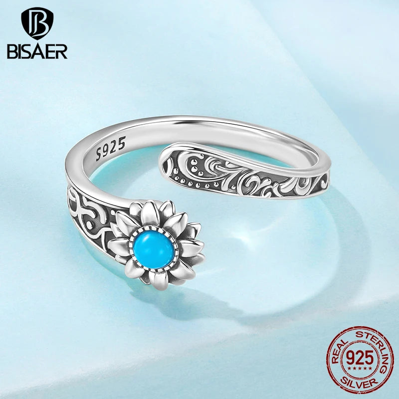 BISAER Solid 925 Sterling Silver Sunflower Turquoise Open Ring Vintage Blooming Flower Band for Women Party Fine Jewelry Gift