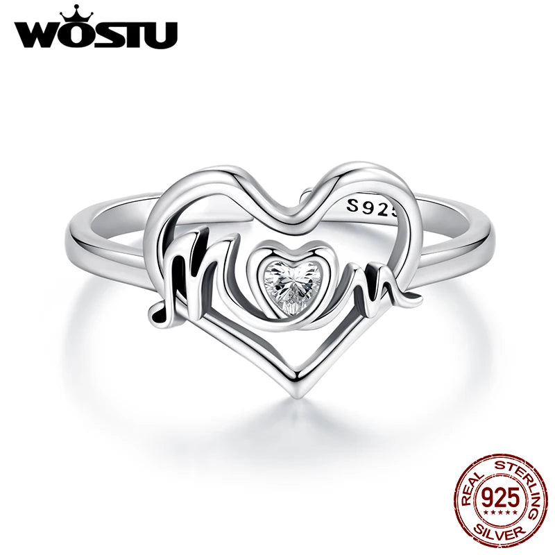 WOSTU 925 Sterling Silver Letter Mom Heart Open Ring For Women Shiny AAA Zircon Stackable Rings Mother's Day Jewelry Faimly Gift