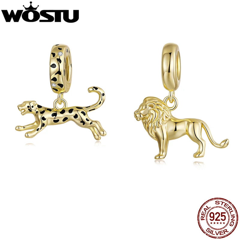 WOSTU 925 Sterling Silver 18K Gold Plate Leopard Lion Pendant Animal Charm For DIY Jewlery Gift Fit Original Bracelet Necklace