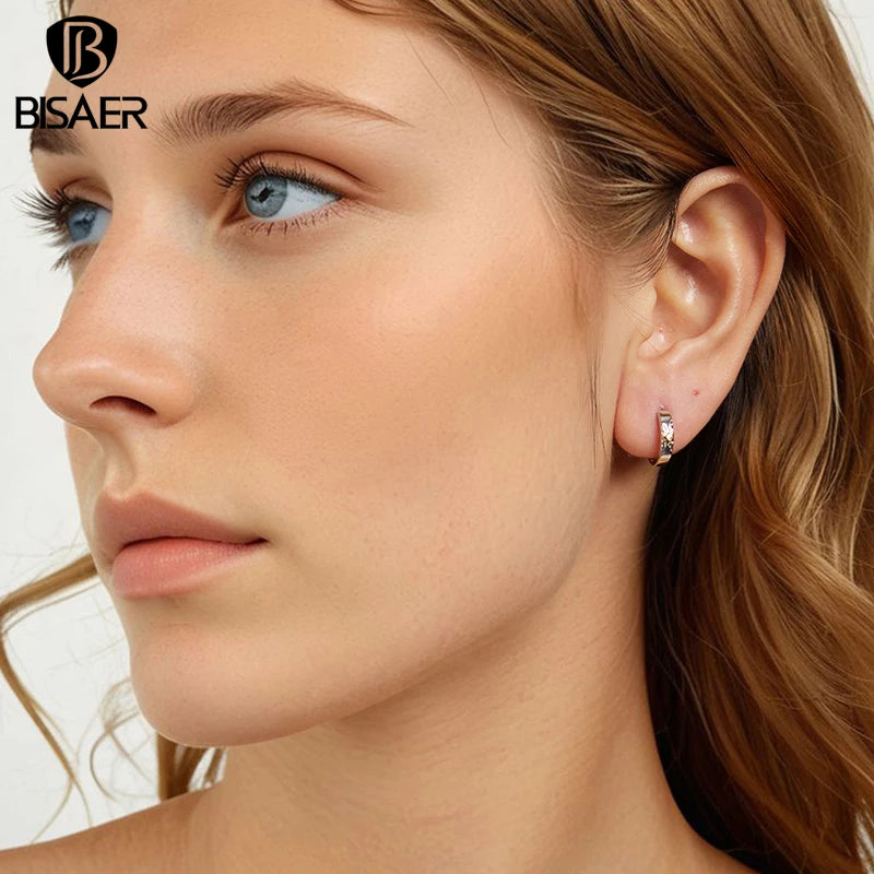 Boucles d'oreilles créoles en argent sterling 925 BISAER - Boucles d'oreilles rondes classiques à tige plaquées or pour femmes romantiques - Bijoux fins de fête