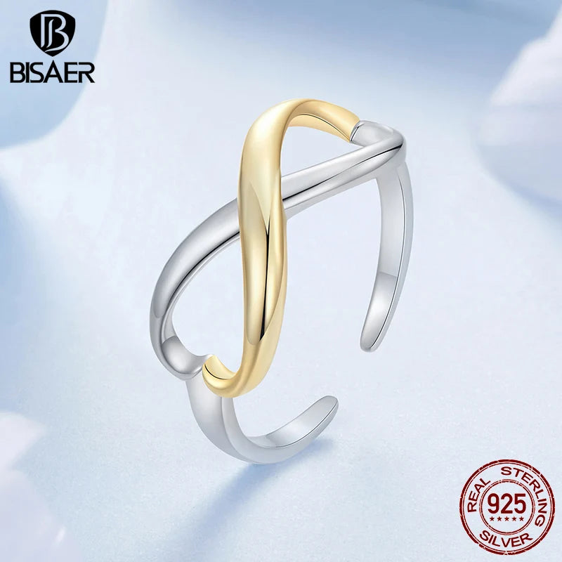 BISAER 925 Sterling Silber Unendliche Liebe Offener Ring Zweifarbig Einstellbare Größe 5-9 Band Vergoldet Für Frauen Party Edler Schmuck