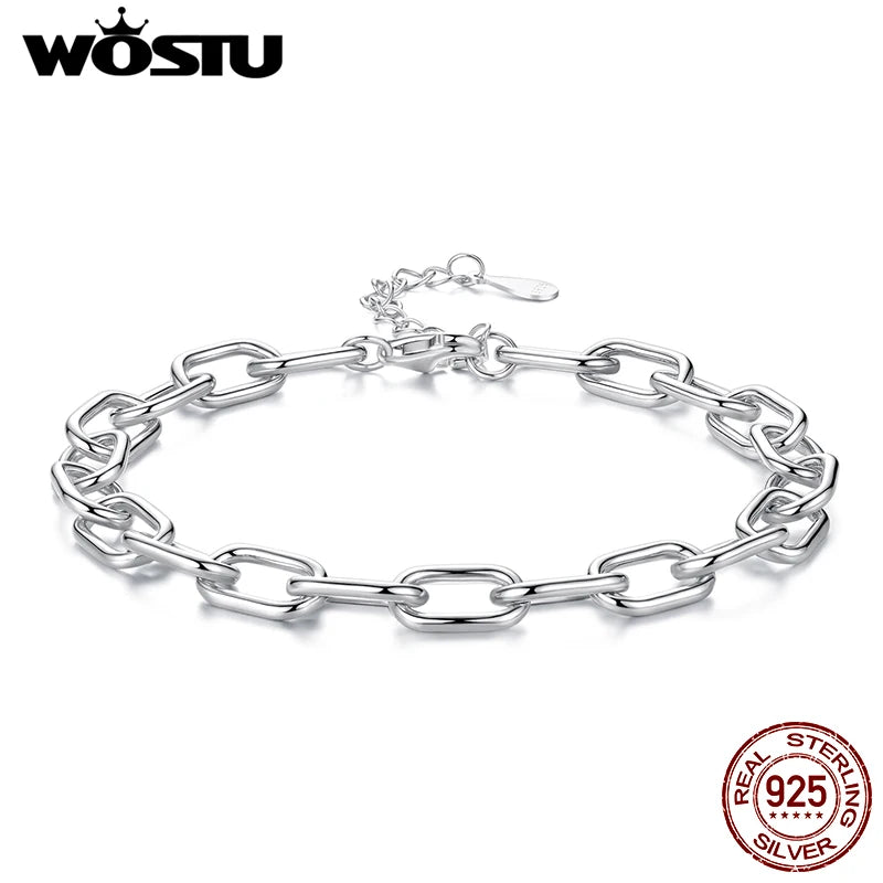 WOSTU Solid 925 Sterling Silver 5MM Thick Paperclip Bracelet For Women , s925 Clip Charm Bracelets Jewelry Making Birthday Gift