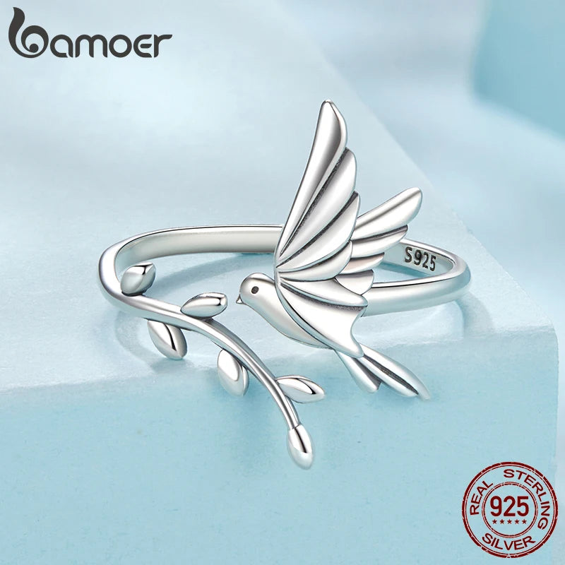 BAMOER S925 Sterling Silber Eisvogel Verstellbarer Fingerring für Frauen Geburtstag Valentinstag Geschenk Süßer Vogel Edler Schmuck