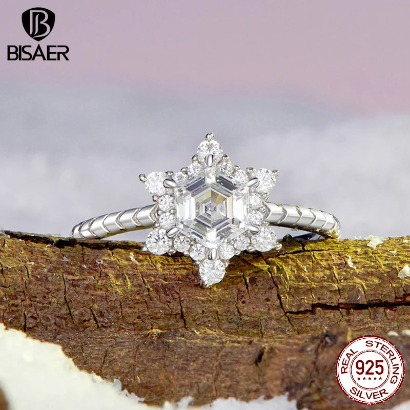 BISAER 925 Sterling Silber Eisblumenring Funkelnder Zirkon Fingerring Vergoldet Weißgold für Frauen Hochzeitsfeier Edler Schmuck