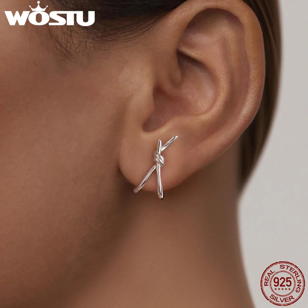 WOSTU Simple X Style Twisted Knot Wedding Stud Earrings, 925 Silver 18K Gold Hypoallergenic Ear Studs Lady Metal Jewelry Gift