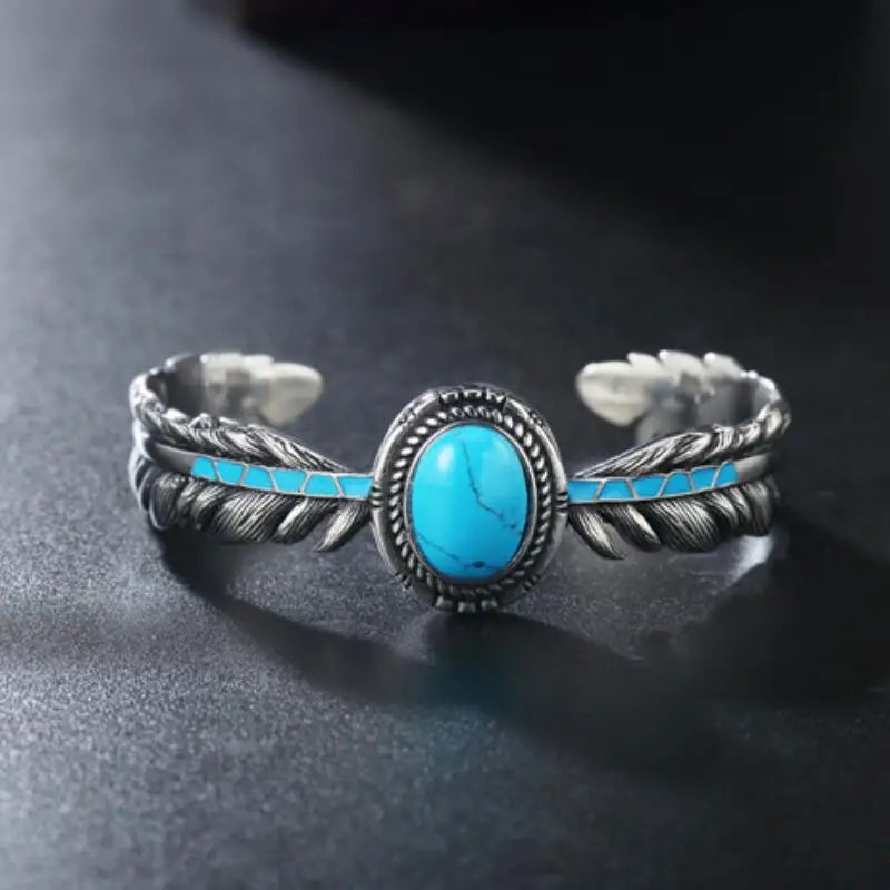 Blue Turquoise Feather Bangle Stainless Steel Jewelry Vintage Fashion Norse Viking Biker Men Women Bracelet Gift RXB0001A