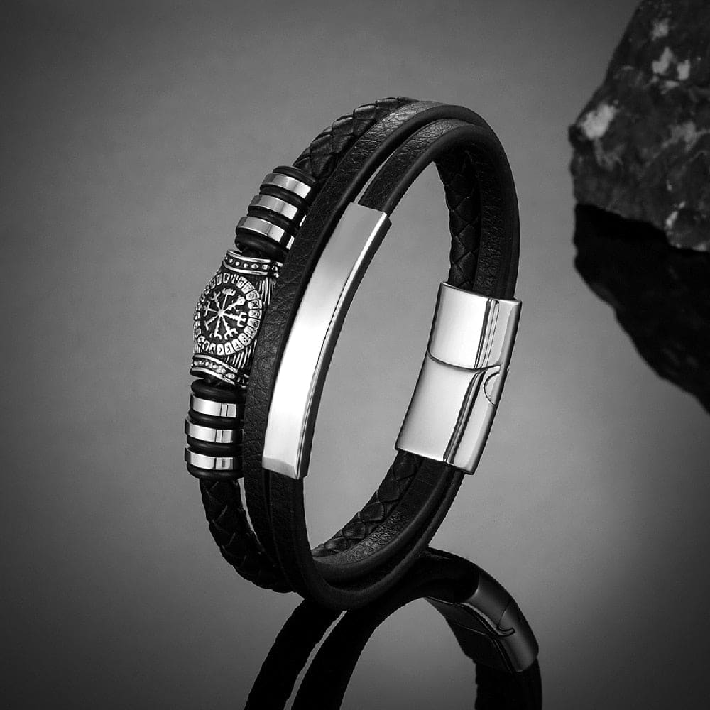 Black Leather Steel Compass Bracelet