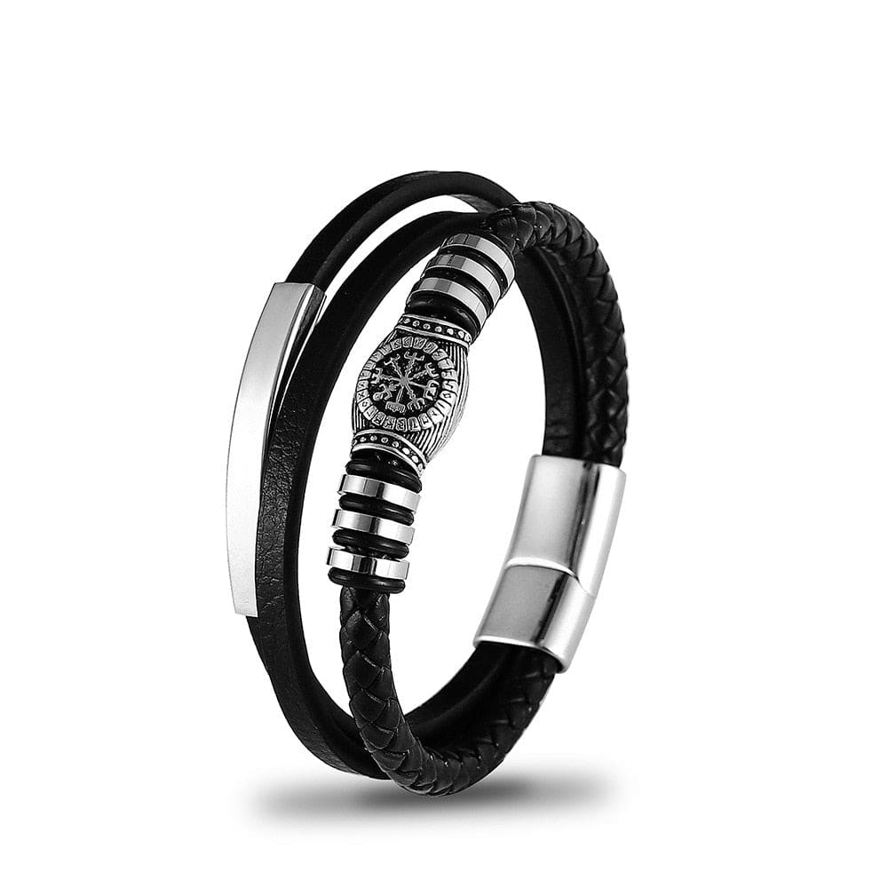 Black Leather Steel Compass Bracelet