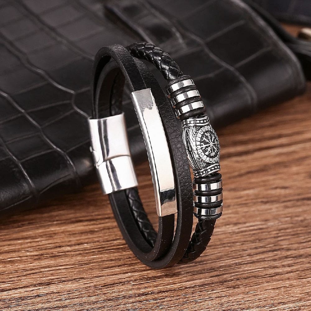 Black Leather Steel Compass Bracelet