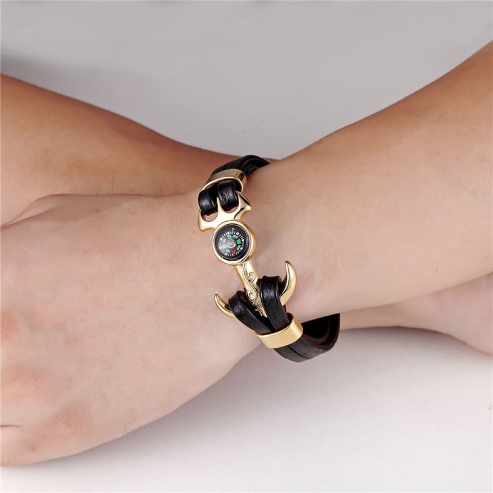 Leather Steel Compass Bracelet