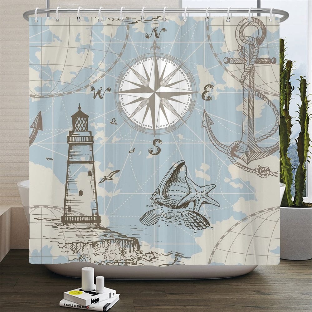 Lighthouse and Nautical Map Curtain