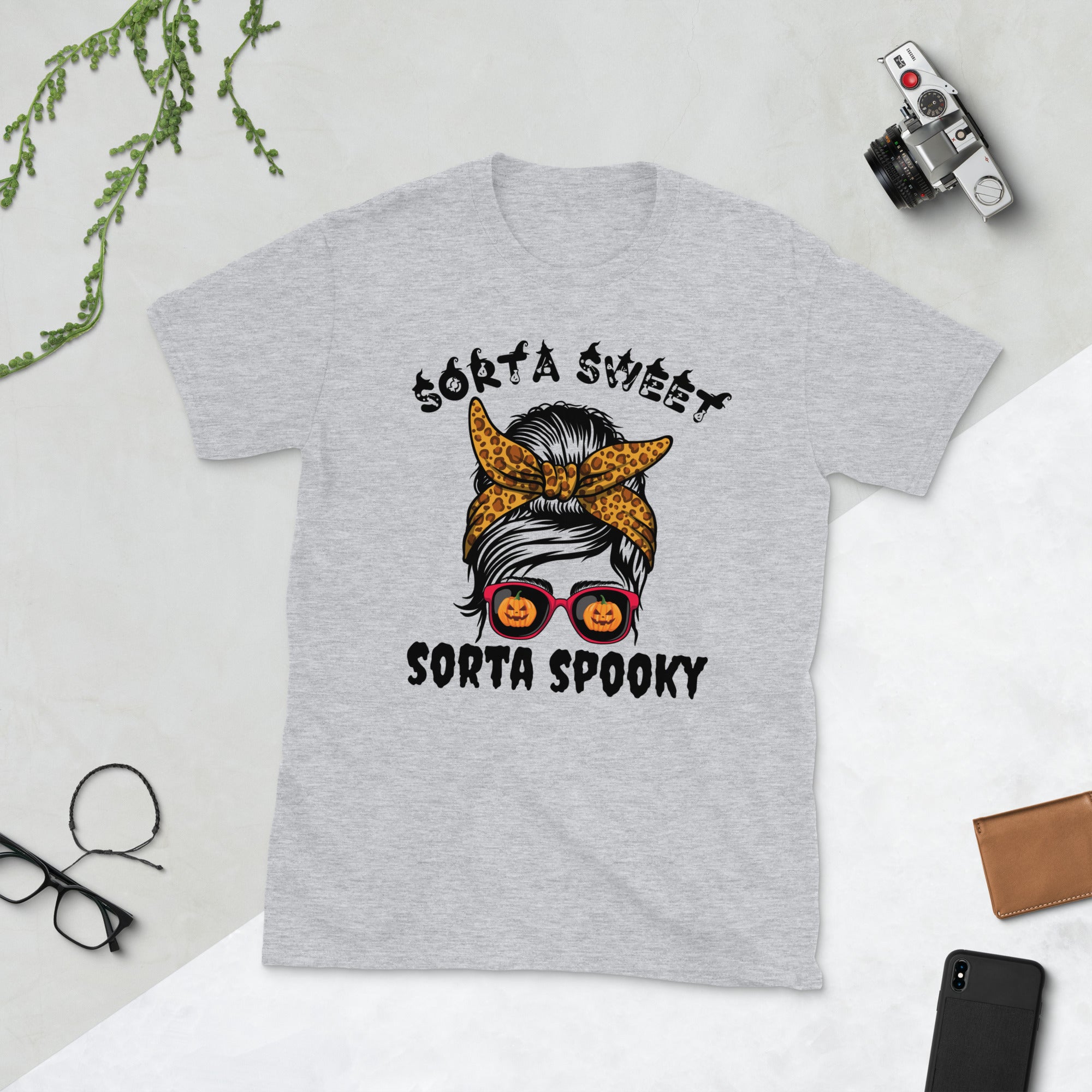 Sorta Sweet Sorta Spooky, Messy Bun Halloween Costume Shirt, Pumpkin Shirt, Spooky Season Shirt, Funny Halloween Gifts, Leopard Print Tee - Madeinsea©