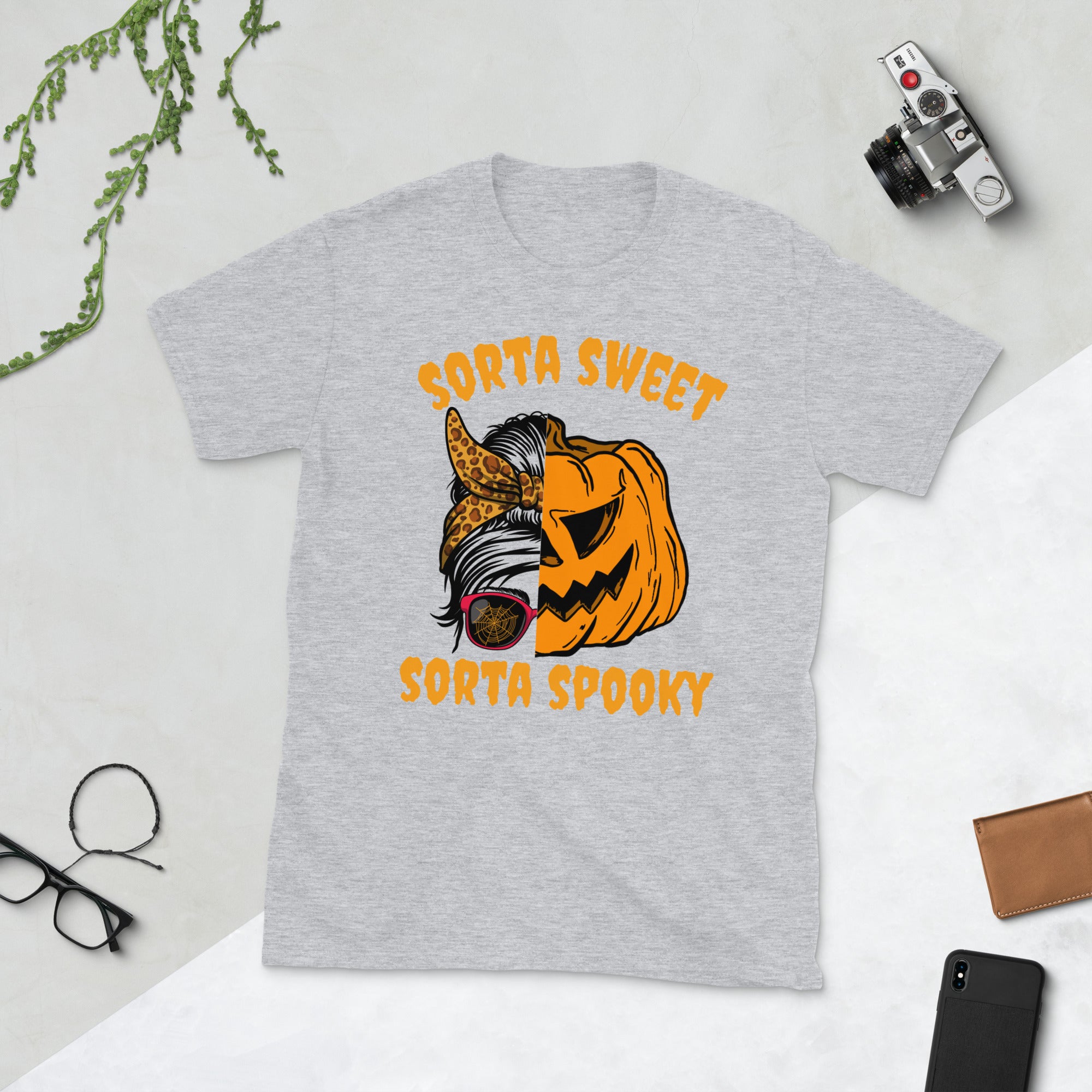 Sorta Sweet Sorta Spooky, Messy Bun Halloween Costume Shirt, Pumpkin Shirt, Spooky Season Shirt, Funny Halloween Gifts, Leopard Print Tee