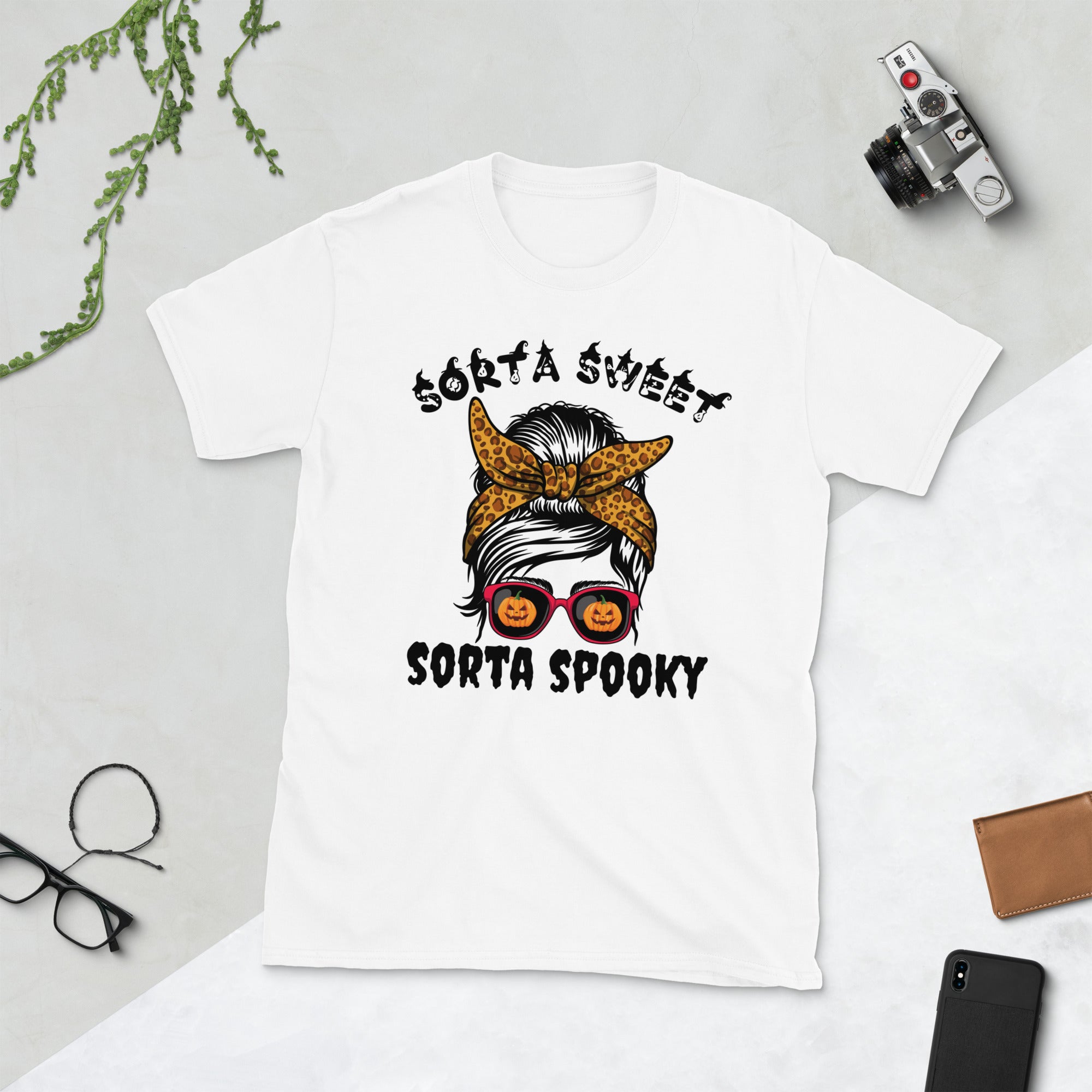 Sorta Sweet Sorta Spooky, Messy Bun Halloween Costume Shirt, Pumpkin Shirt, Spooky Season Shirt, Funny Halloween Gifts, Leopard Print Tee - Madeinsea©