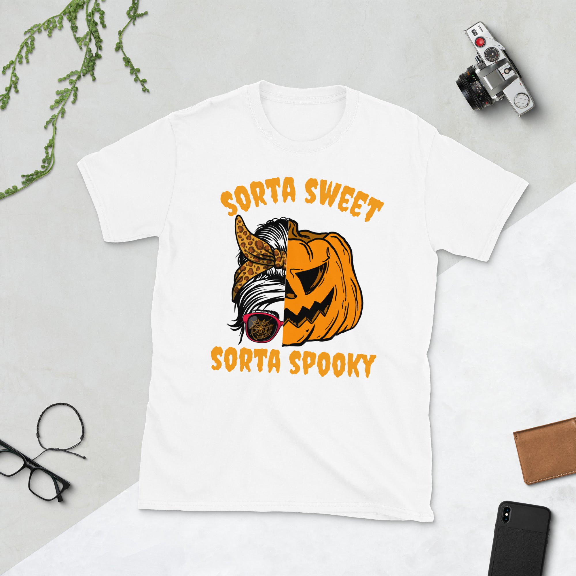 Sorta Sweet Sorta Spooky, Messy Bun Halloween Costume Shirt, Pumpkin Shirt, Spooky Season Shirt, Funny Halloween Gifts, Leopard Print Tee - Madeinsea©