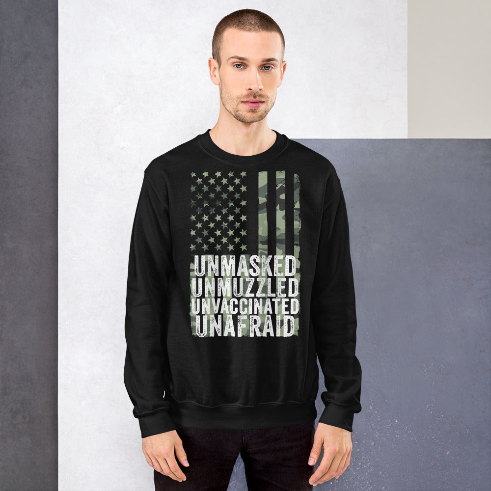 Unmasked Unmuzzled Unvaccinated Unafraid, Antimask Sweater, Freedom Sweater, Unafraid Sweatshirt, US Military Camo Flag Patriotic Sweatshirt - Madeinsea©
